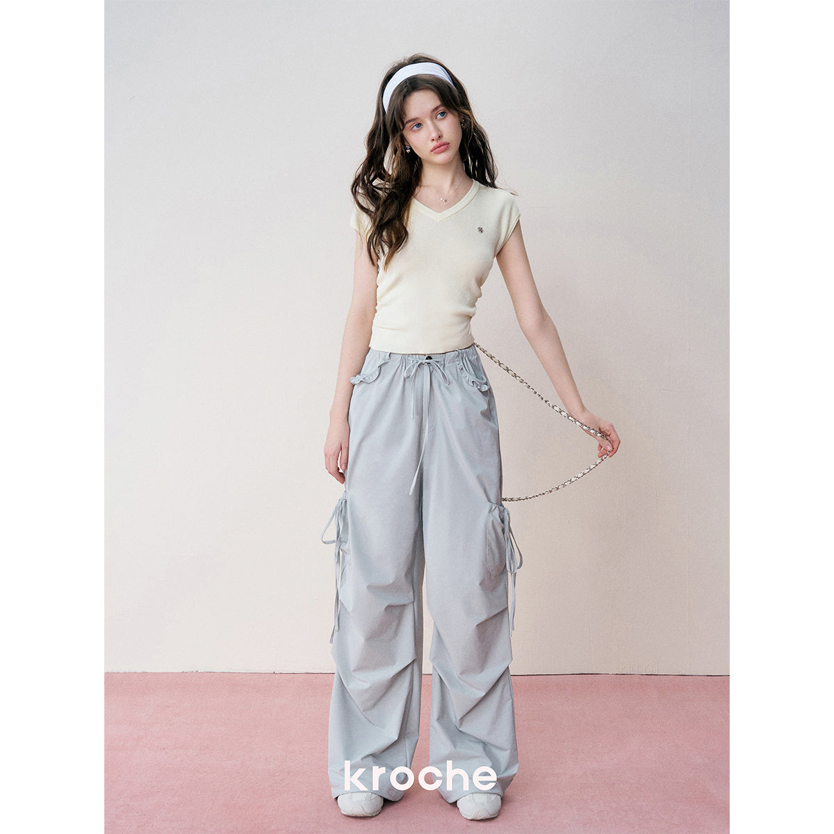 Kroche Lace Patchwork Bow Lace Up Cargo Pants Blue