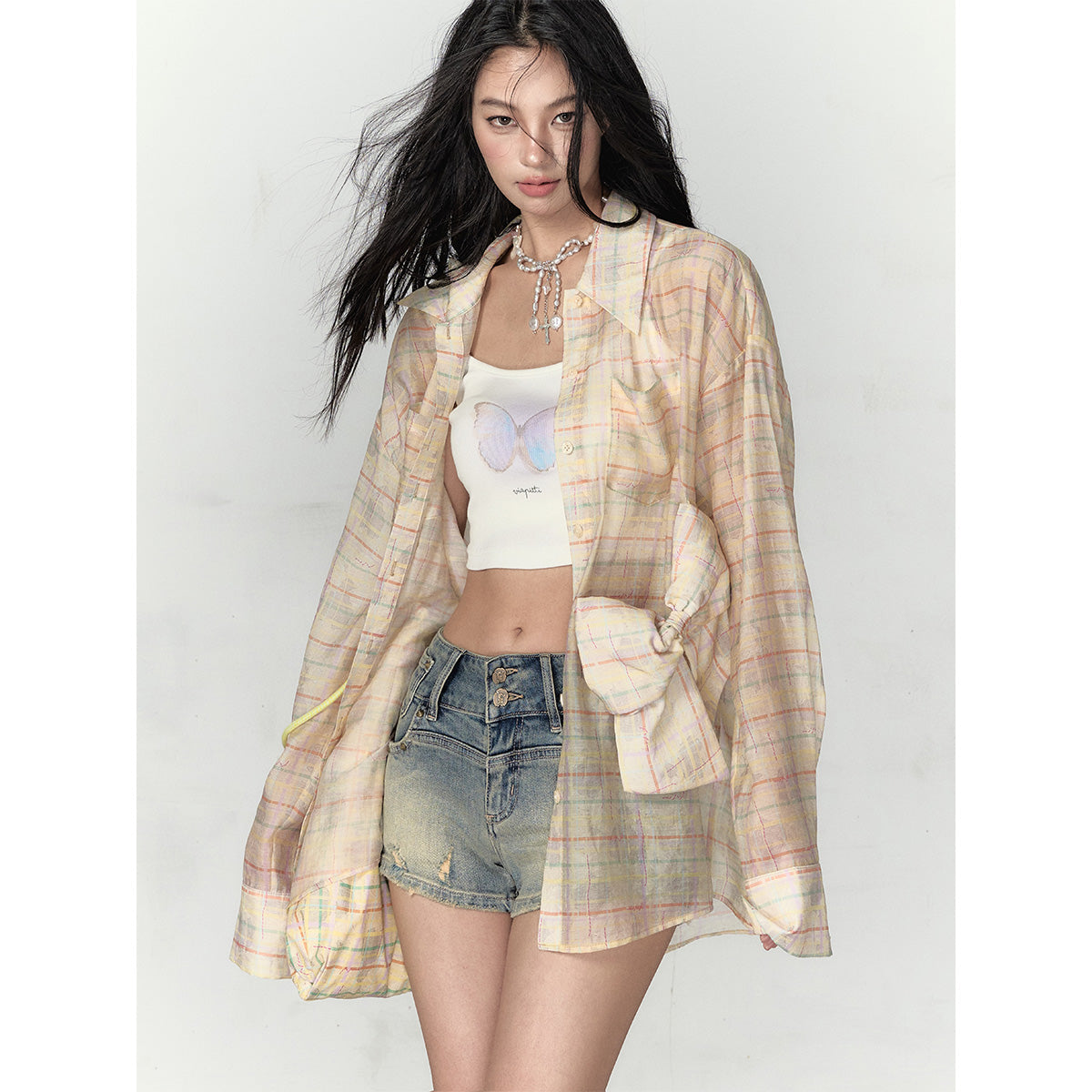 Via Pitti Plaid  Bow Loose Shirt Yellow