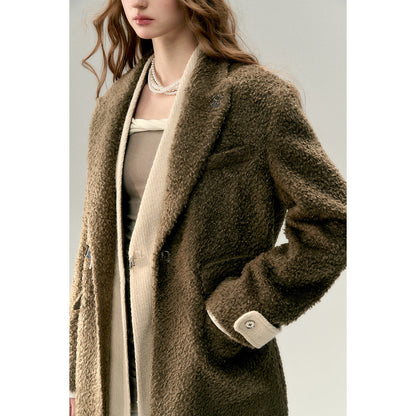 Via Pitti Fake-2-Piece Thicken Long Fleece Coat Brown