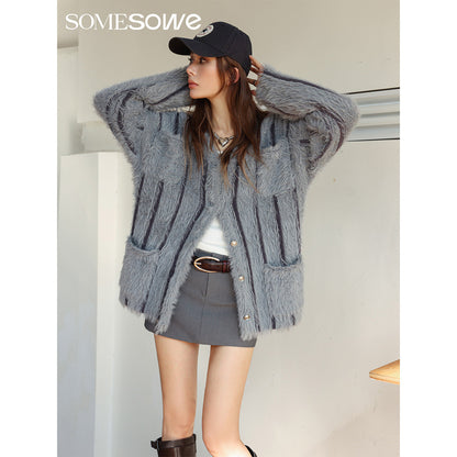 SomeSowe Vintage Faux Mink Knit Cardigan Grey