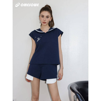 SomeSowe Color Blocked Sailor Collar Top & Shorts Set Navy