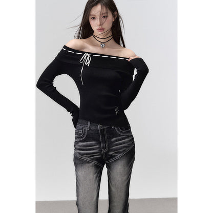 Via Pitti Drawstring Off Shoulder Knit Top Black