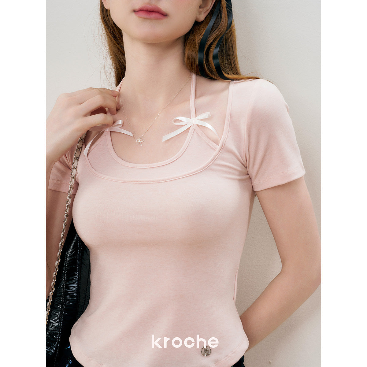 Kroche Fake-2-Piece Halter Bow Short Sleeve Tee Pink