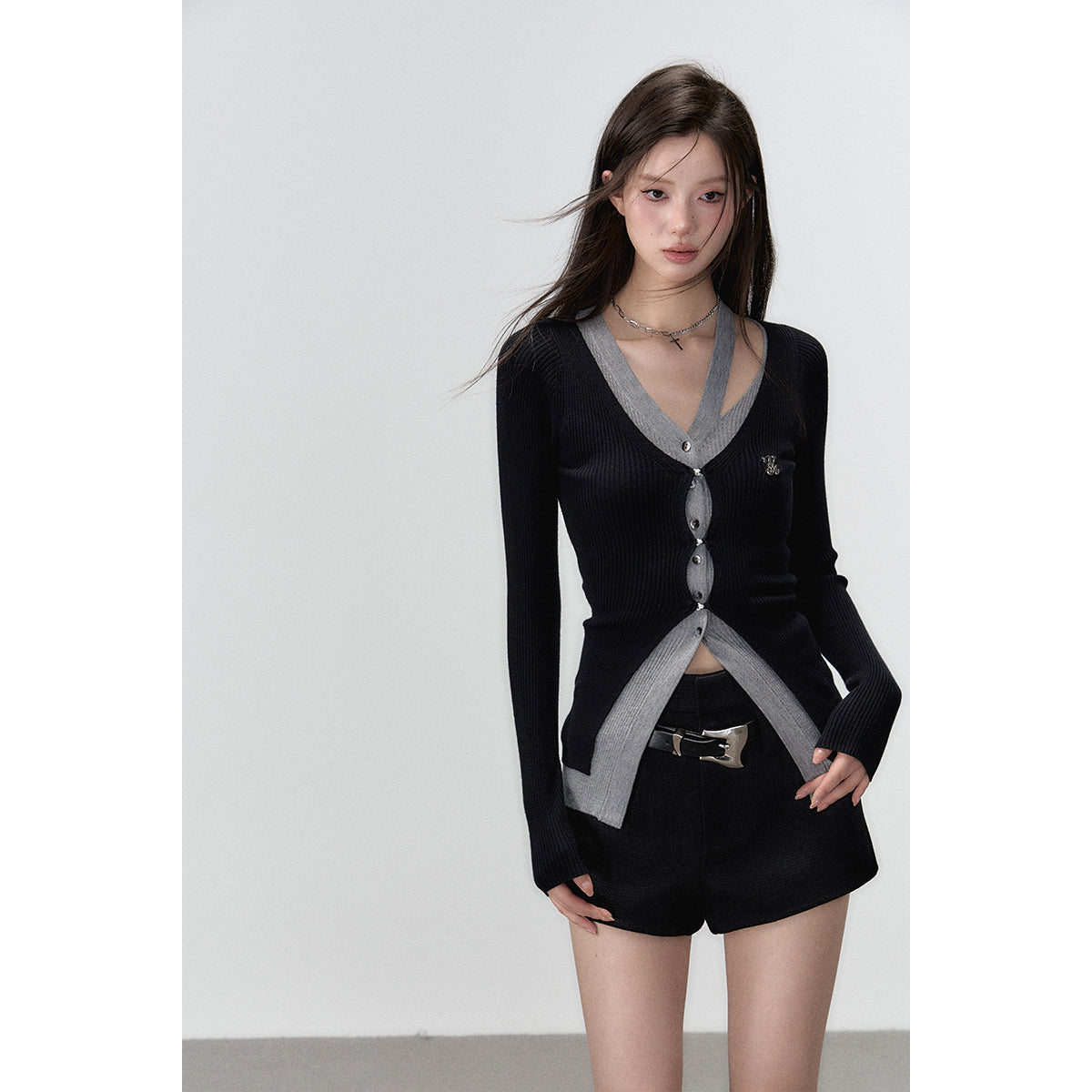 Via Pitti Fake-2-Piece Hollow Out Short Knit Cardigan Black