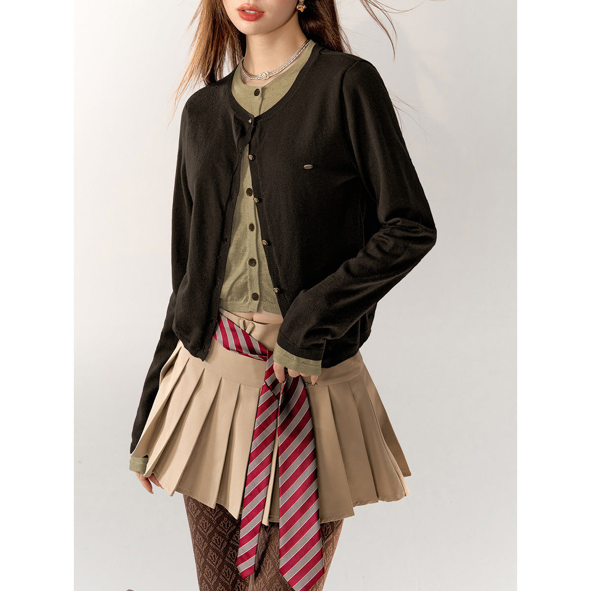 AsGony Contrast Color Fake-2-Piece Knit Cardigan Brown