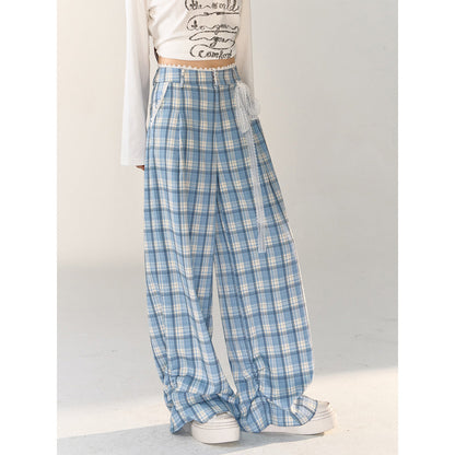 AsGony Lace Edge Plaid Casual Straight-Leg Pants Blue