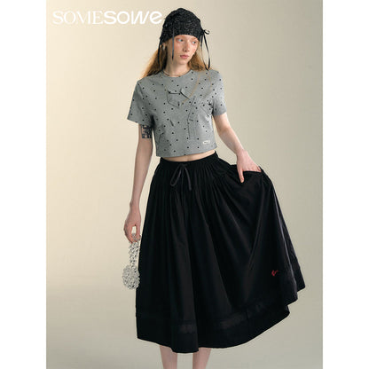 SomeSowe Lace Patchwork Casual Umbrella Skirt Black