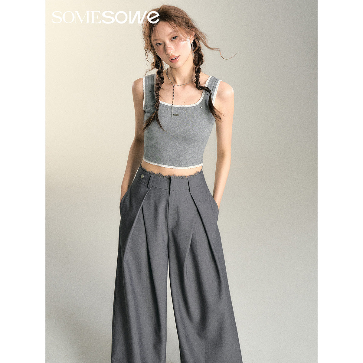 SomeSowe Lace Edge Rivet Knit Vest Gray