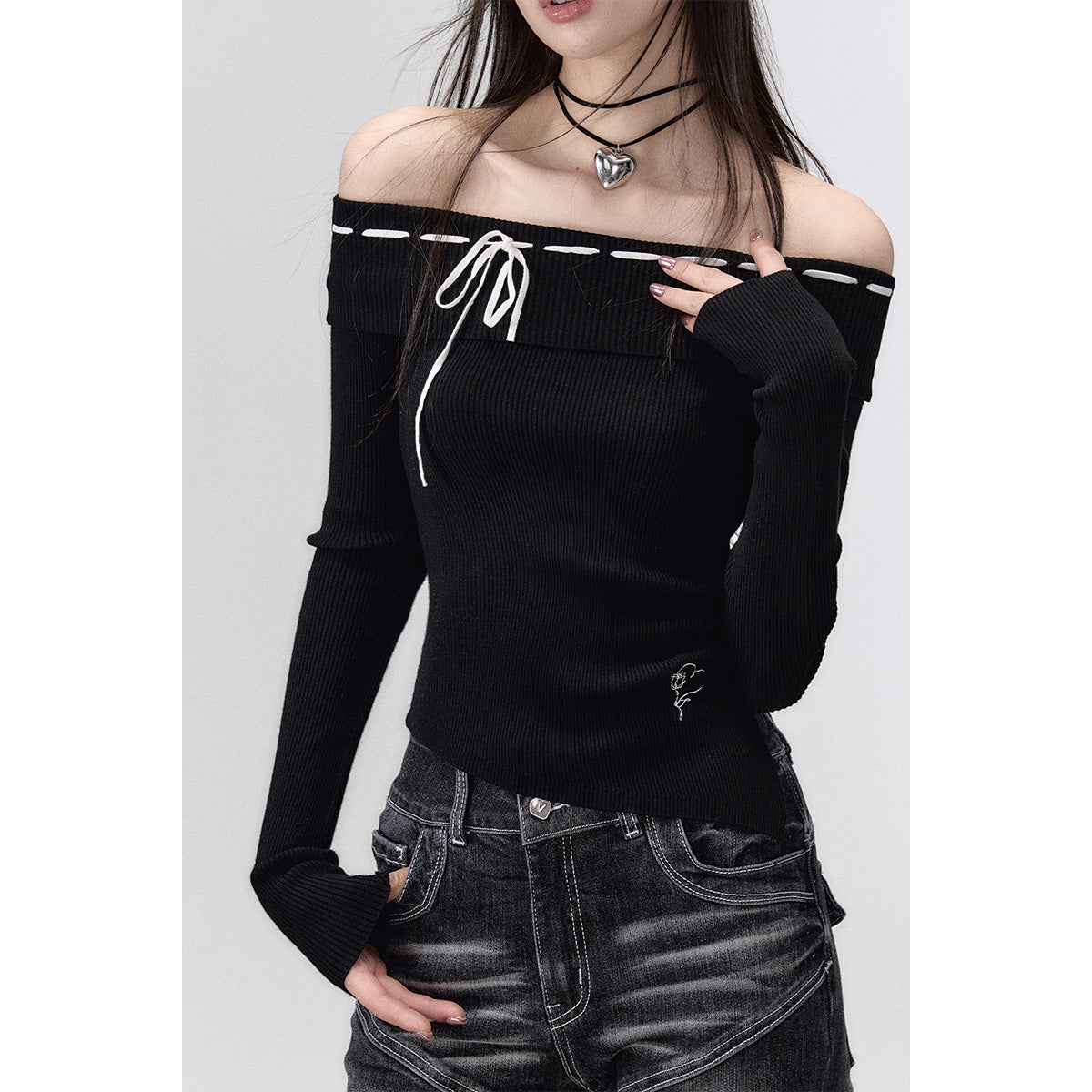 Via Pitti Drawstring Off Shoulder Knit Top Black