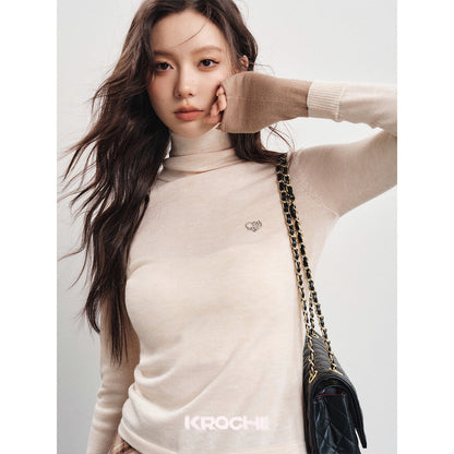 Kroche Color Blocked Cuff Woolen Knit Turtleneck Top Beige