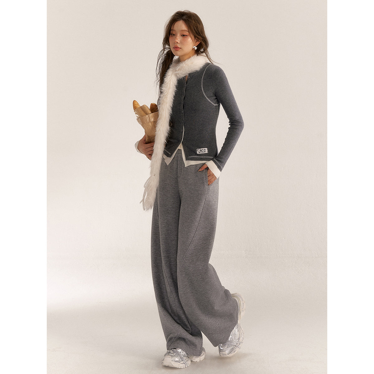 AsGony Contrast Color Elastic-Waist Casual Pants Gray