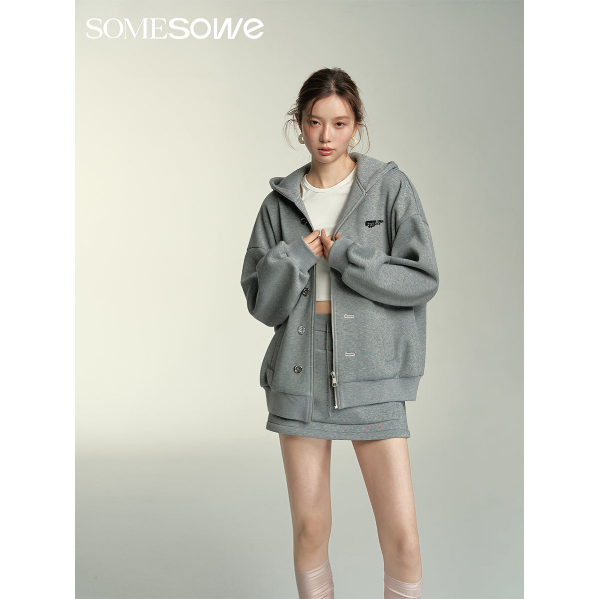 SomeSowe Button-Up Hooded Top Jacket Grey