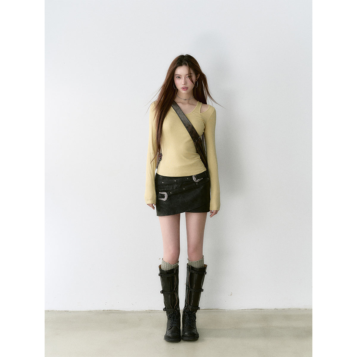 Via Pitti Irregular Collar Long Sleeve Slim Top Yellow