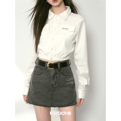 Kroche Denim Logo Embroidery Skirt Grey