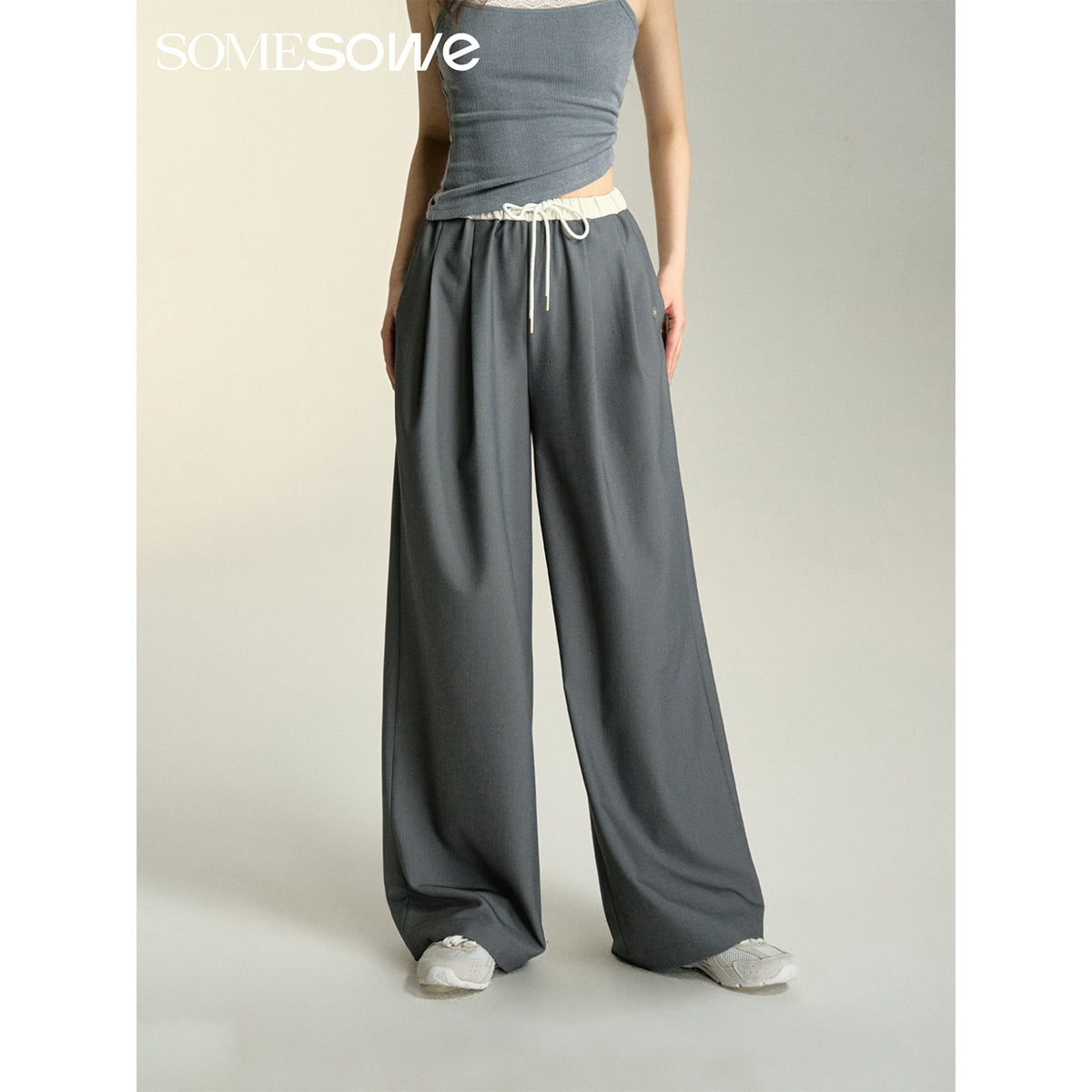 SomeSowe Drawstring Wide-Leg Suit Pants Gray