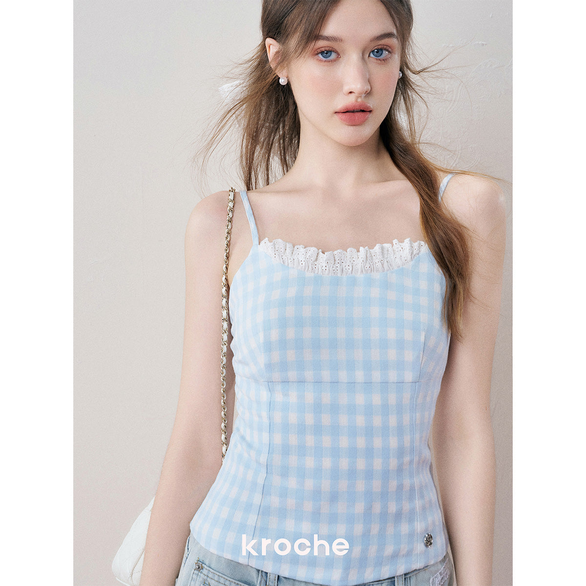 Kroche Plaid Lace Edge Patchwork Vest Blue