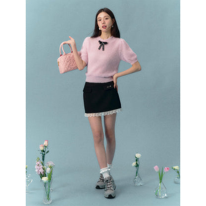 AsGony Bow Knot Short Sleeved Knit Top Pink