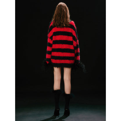 Jac Fleurant Color Blocked Striped Feather Cuff Cardigan Black