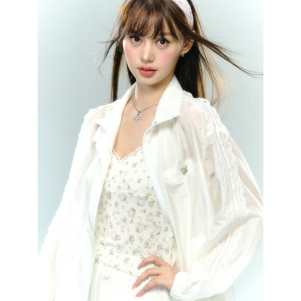 AsGony Lace Patchwork Sun Protection Jacket White