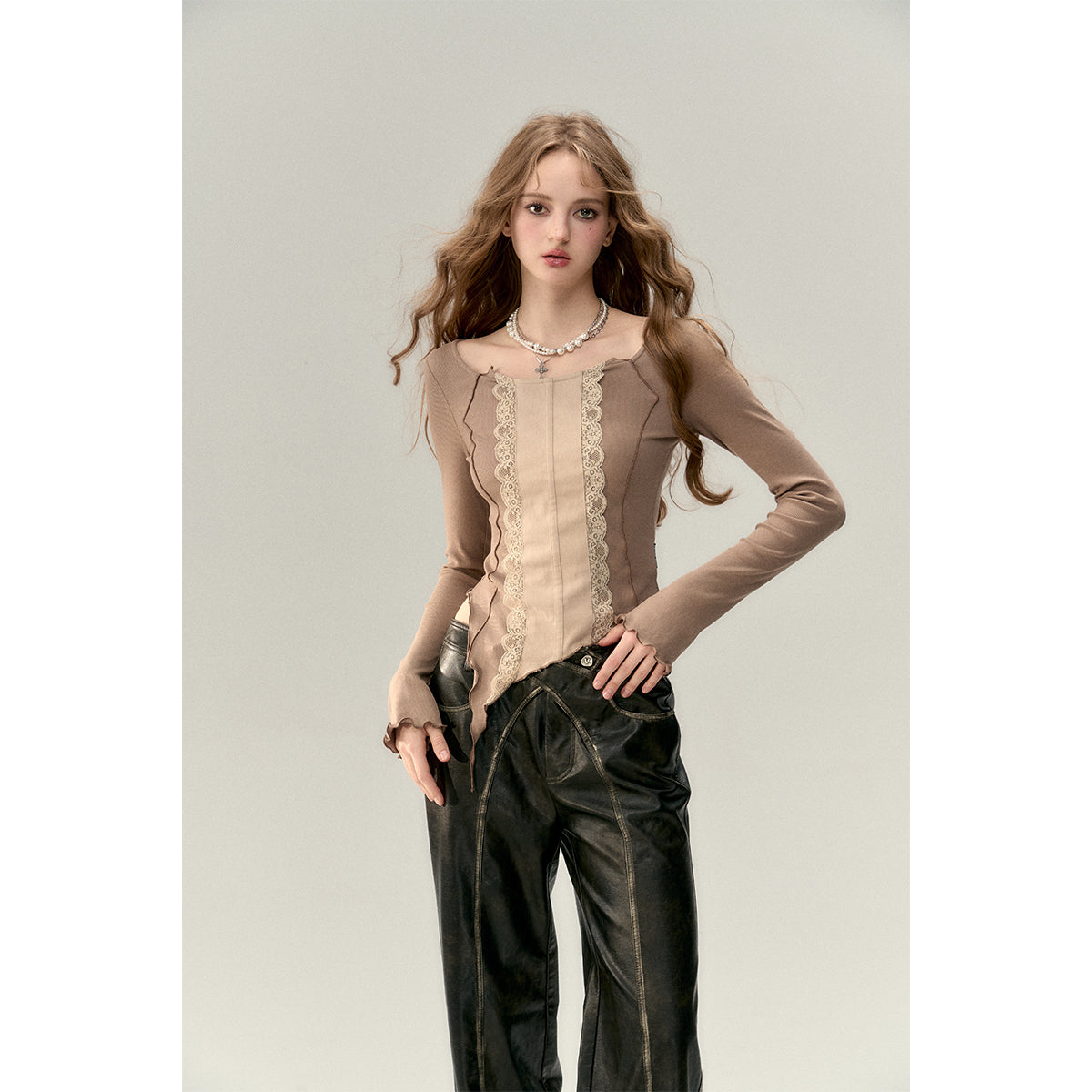 Via Pitti Lace Patchwork Knit Slim Top Khaki