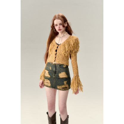 Via Pitti Heavy Tassel Knit Cardigan Yellow