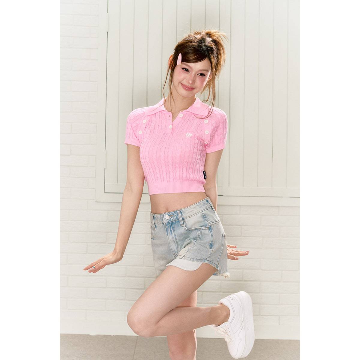 Via Pitti Logo Embroidery Button Knit Polo Top Pink