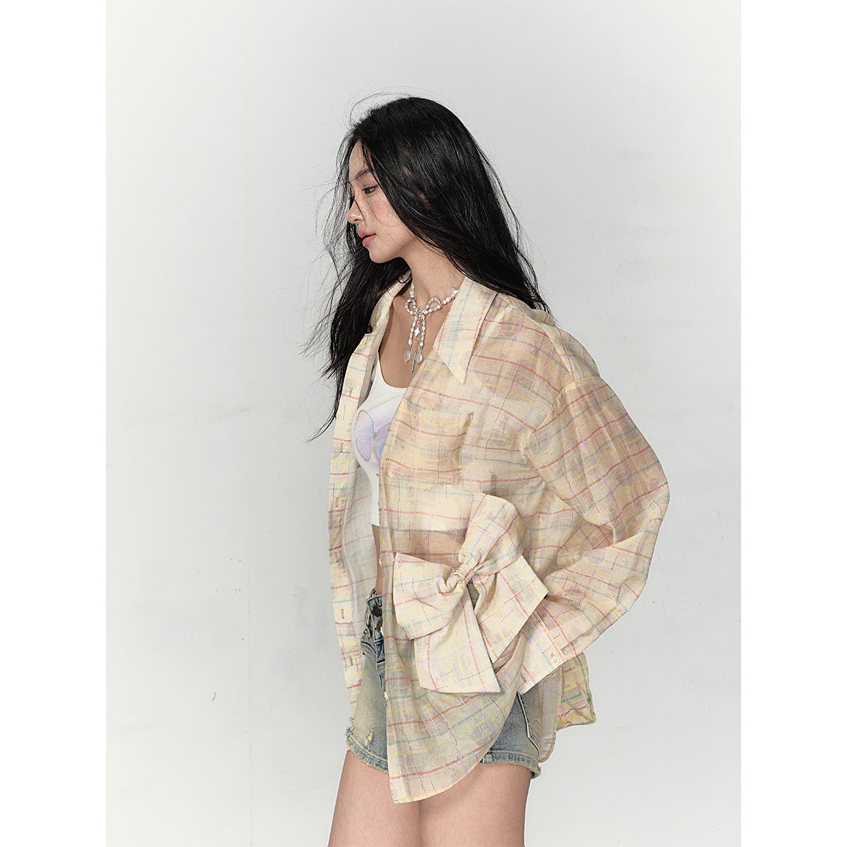 Via Pitti Plaid  Bow Loose Shirt Yellow