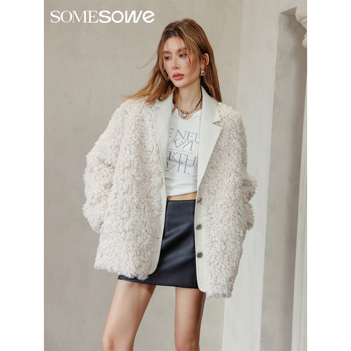 SomeSowe Leather Integrated Furry Jacket Cream