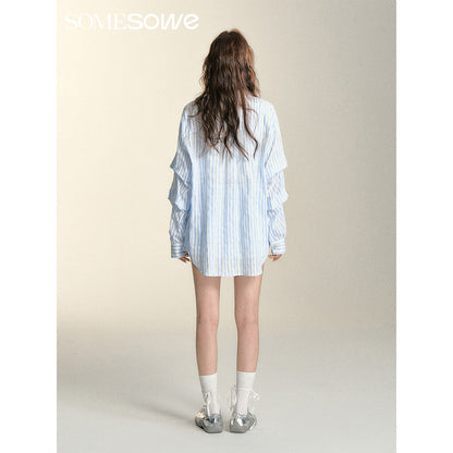 SomeSowe Lace Striped Pleated Sleeve Shirt