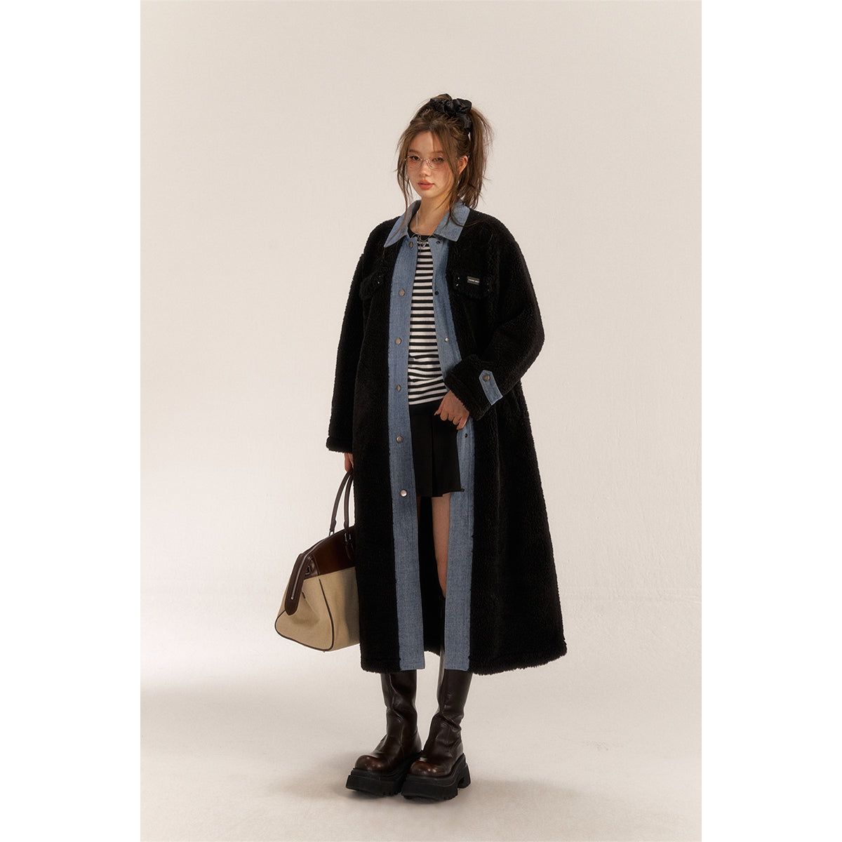 AsGony Fake-2-Piece Denim Patchwork Fleece Long Coat Black