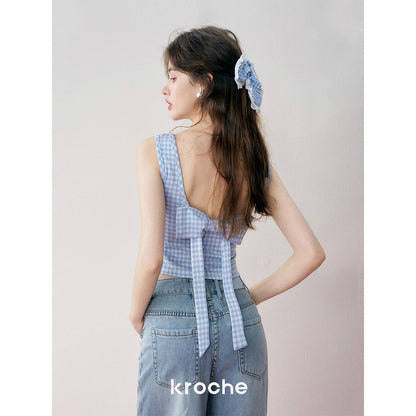 Kroche 3D Bow Plaid Sling Vest Blue