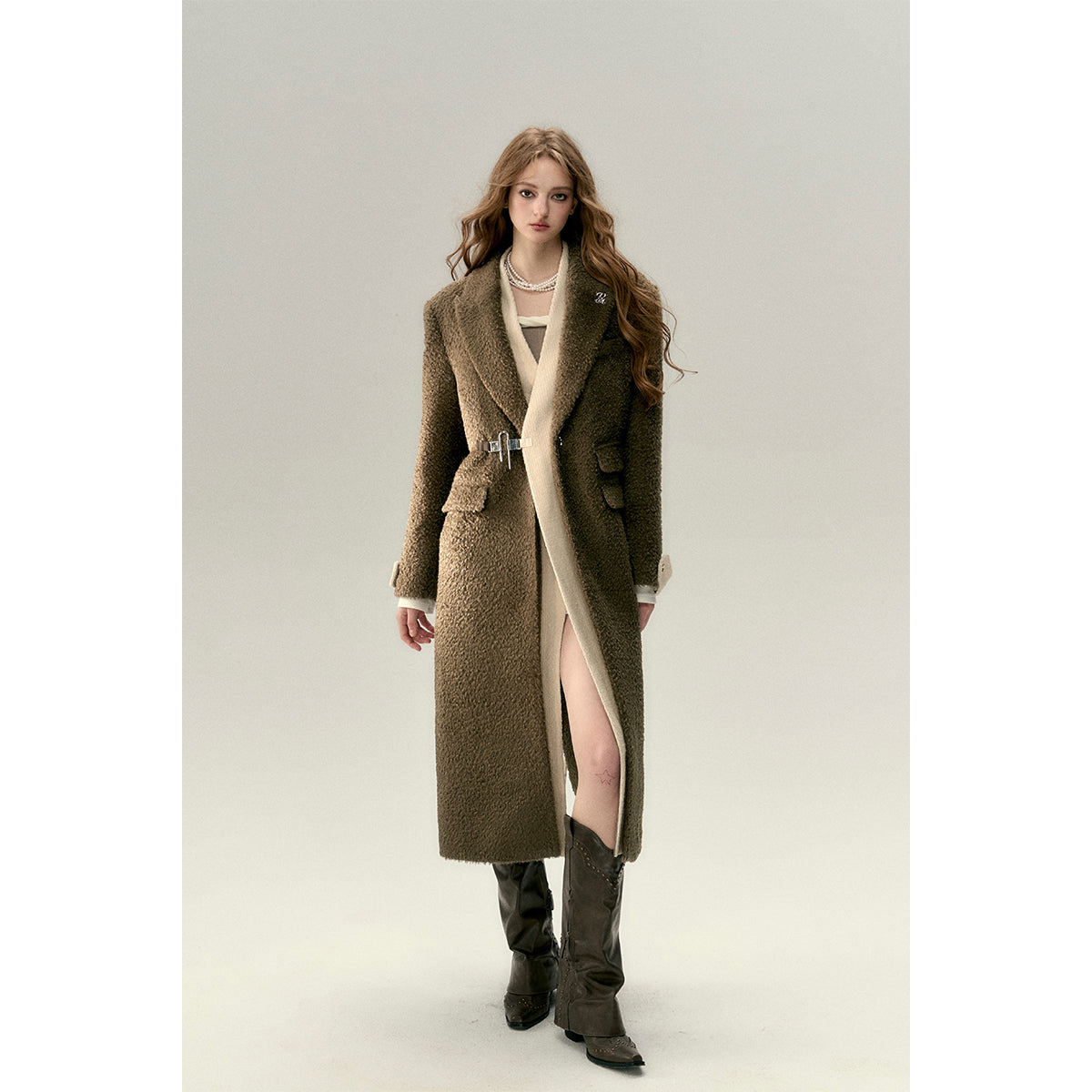 Via Pitti Fake-2-Piece Thicken Long Fleece Coat Brown