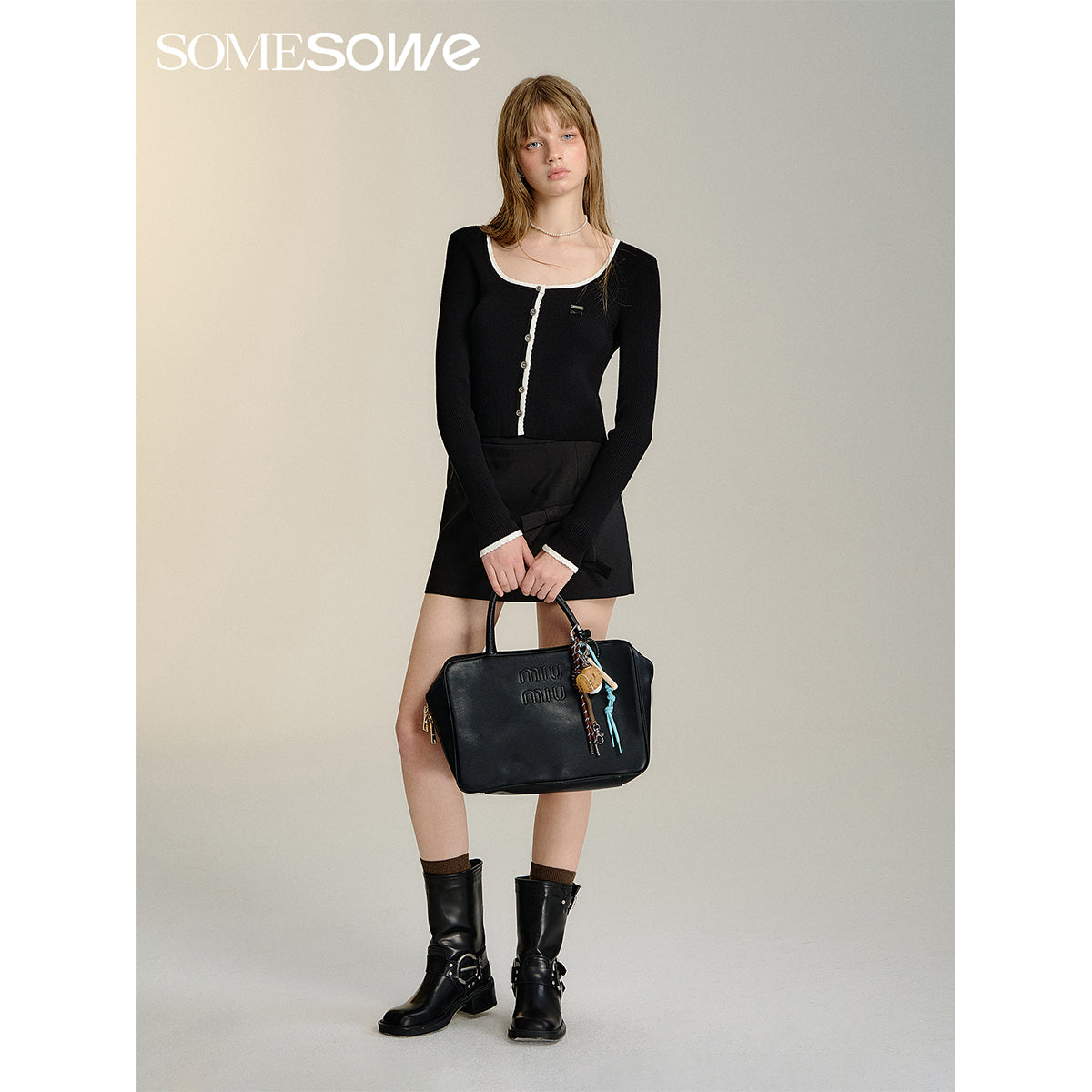 SomeSowe Contrast Color Lace Knit Cardigan Black