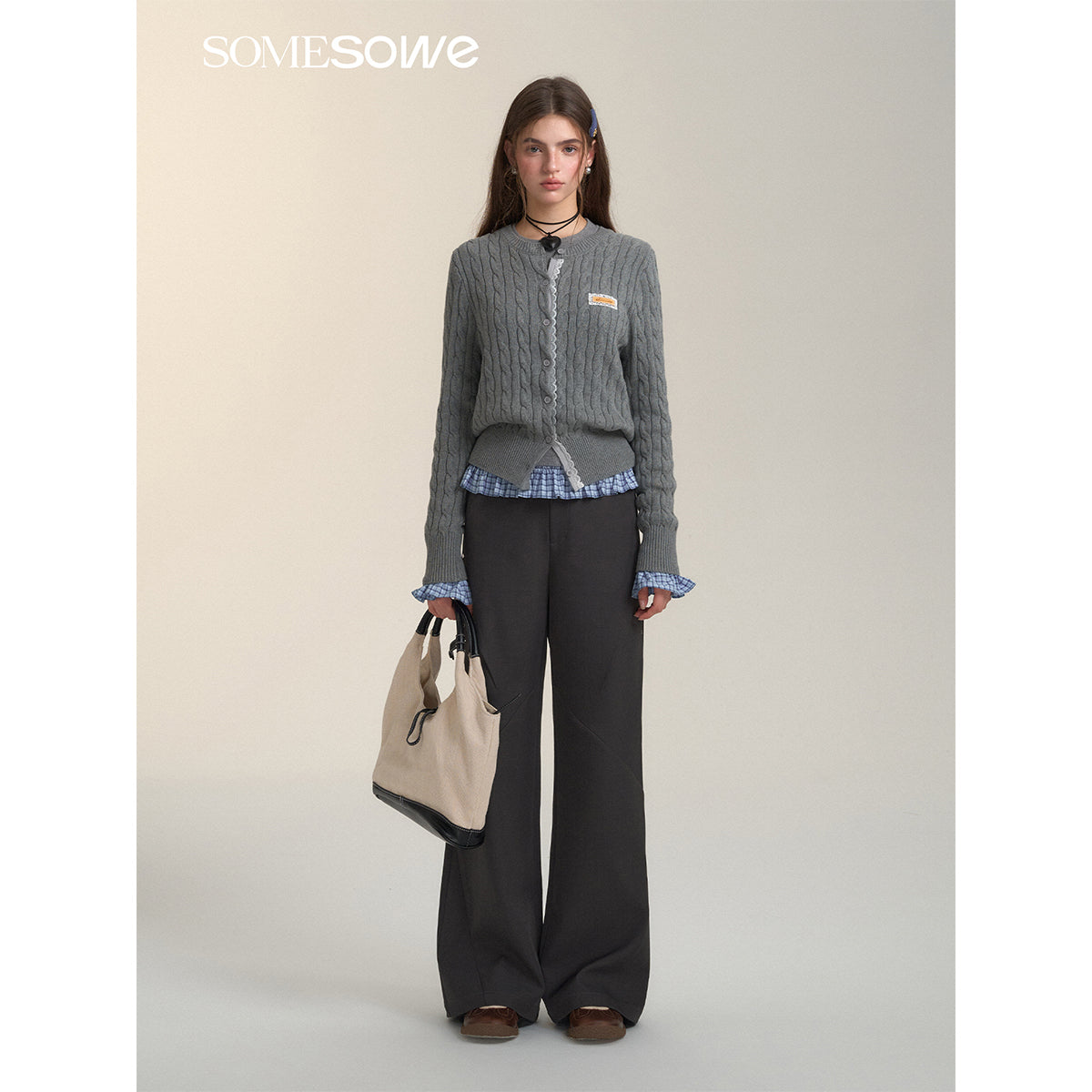 SomeSowe Lace Patchwork Twist Knit Cardigan Gray