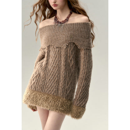 Via Pitti Destroy Cutting Off-Shoulder Knit Sweater Dress Khaki