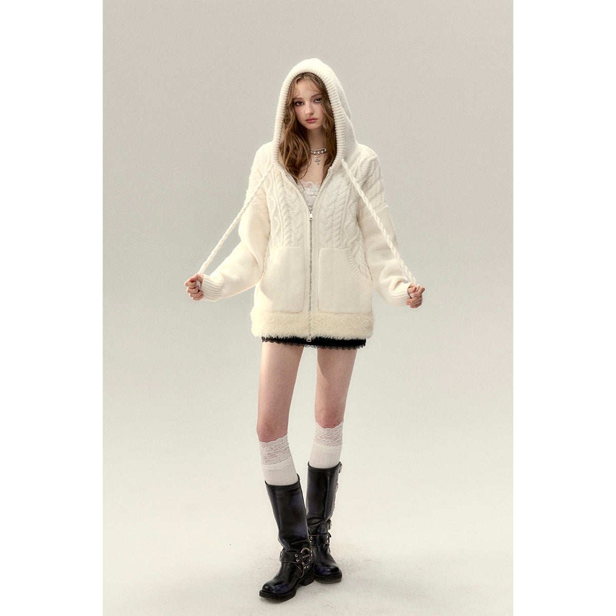 Via Pitti Fuzzy Edge Hooded Twist Knit Zipped Cardigan Cream