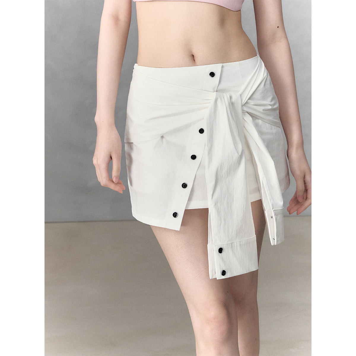 Via Pitti Fake-2-Piece Patchwork Tie Skirt White