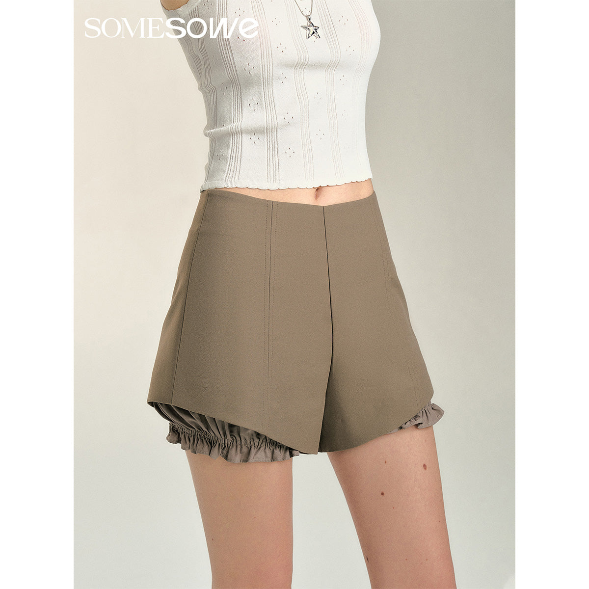 SomeSowe Split Patchwork Layered Bud Shorts Khaki