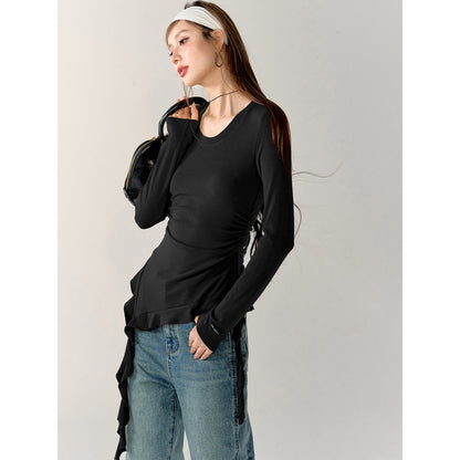 AsGony Irregular Ribbon Waisting Slim Top Black