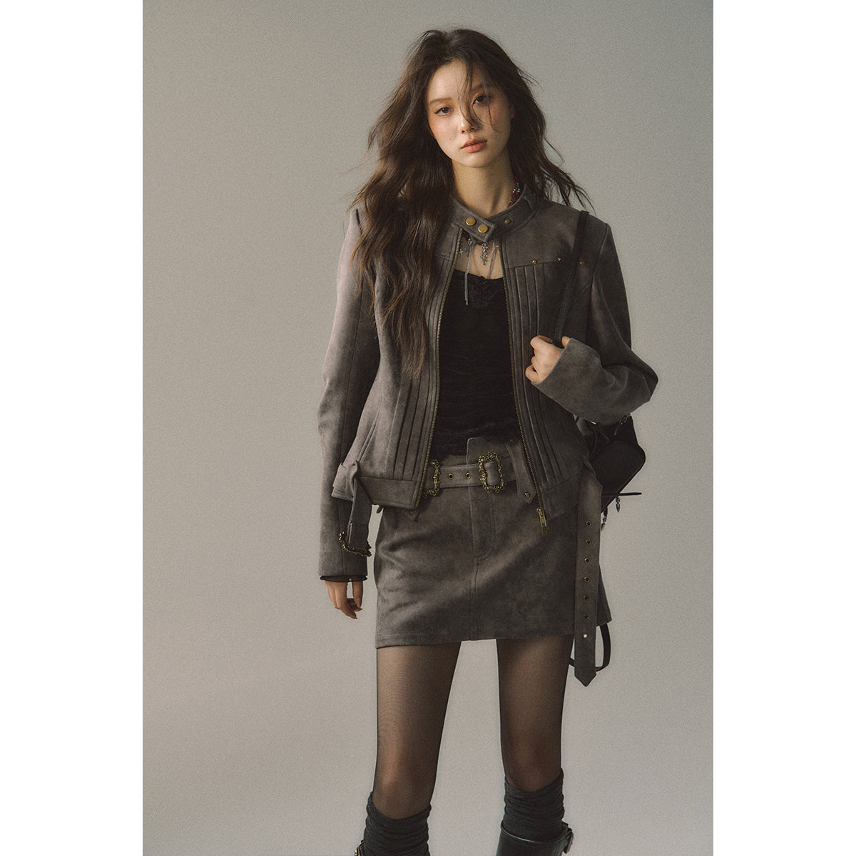 Via Pitti Metal Decor Belt Quilted Leather Skirt Grey