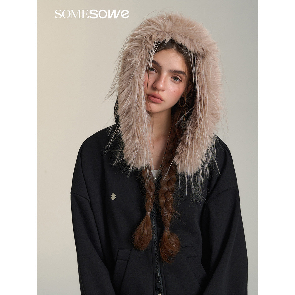 SomeSowe Detachable Fur Collar Hooded Top Jacket Black