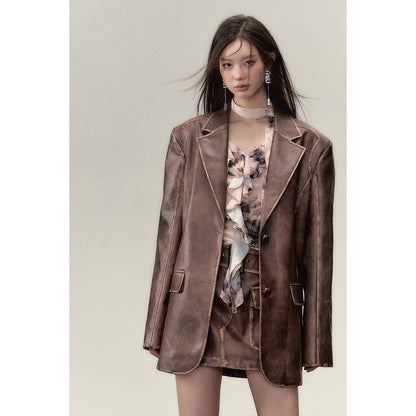 Via Pitti Distressed Heavy Washed Leather Jacket Brown