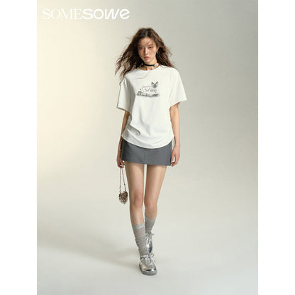 SomeSowe Lazy Cat Drawstring Loose T-Shirt White