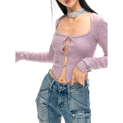 NotAwear Hollow Cutting Slim Knit Cardigan Purple