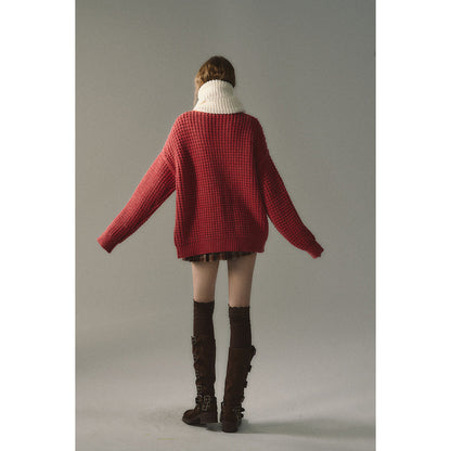 Via Pitti Waffle-Knit Cardigan Red