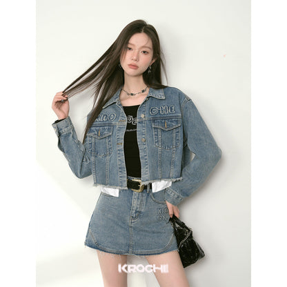 Kroche Destroy Logo Embroidery Short Denim Jacket Blue