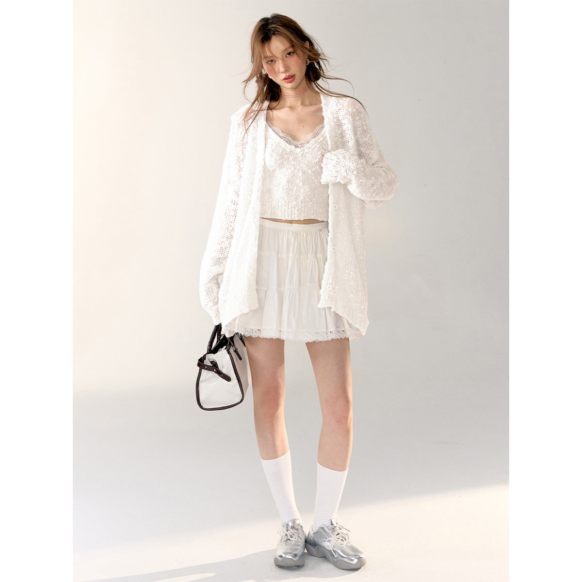 AsGony Lace Patchwork Knit Cardigan White