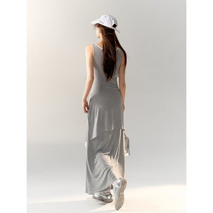 AsGony Fake-2-Piece Strap Knit Vest Long Dress Gray