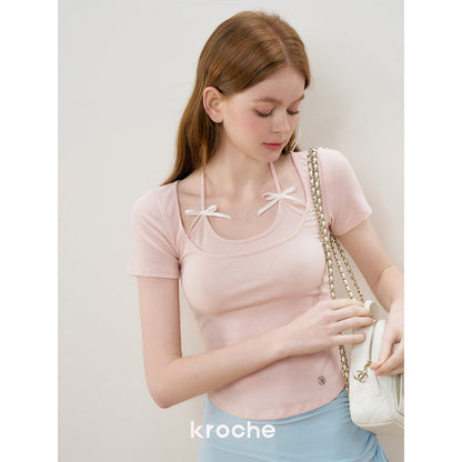 Kroche Fake-2-Piece Halter Bow Short Sleeve Tee Pink