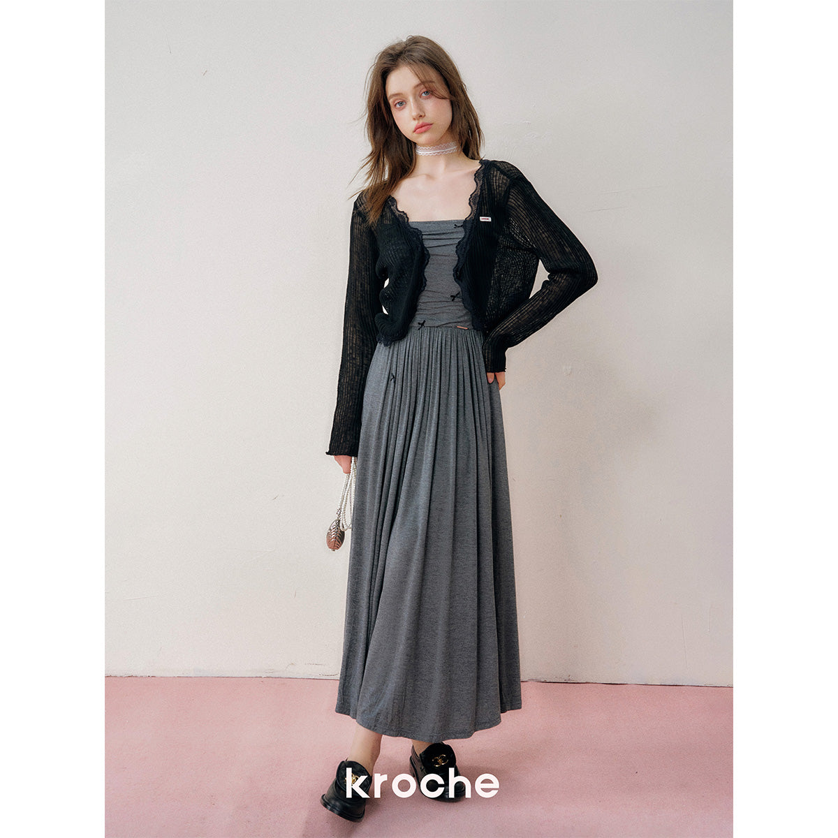 Kroche Lace Edge Patchwork Knitted Cardigan Black